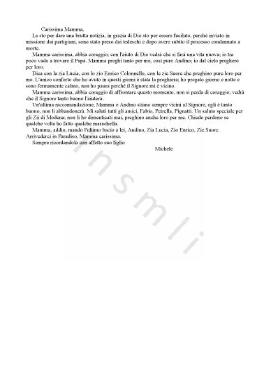L’immagine riproduce il testo dell’ultima lettera di Michele Bentivoglio, scritta alla madre poco prima della fucilazione.