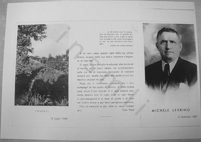 L’immagine riproduce il ricordo di Michele Levrino nel quale i figli hanno riprodotto un estratto della ultima lettera a loro pervenuta dal padre.
