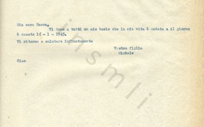 L’immagine riproduce la trascrizione a macchina dell’ultima lettera di Michele Pagliari alla madre. Il documento è dattilografato in inchiostro blu, su un foglio bianco.