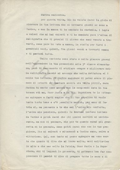 L’immagine riproduce la prima pagina della trascrizione a macchina della lettera scritta da Nicolò Marino alla figlia Marina, prima della cattura e della morte per fucilazione.