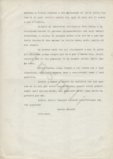 L’immagine riproduce la seconda pagina della trascrizione a macchina della lettera scritta da Nicolò Marino alla figlia Marina, prima della cattura e della morte per fucilazione.