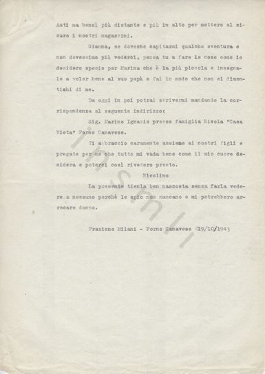 L’immagine riproduce la seconda pagina della trascrizione a macchina della lettera scritta da Nicolò Marino alla moglie Gianna, prima della cattura e della morte per fucilazione. 