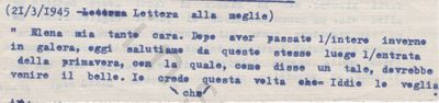 L’immagine riproduce la prima pagina della trascrizione dell’ultima lettera di Nicola Panevino alla moglie Elena, scritta due giorni prima di essere fucilato.