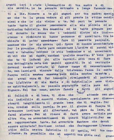L’immagine riproduce la seconda pagina della trascrizione dell’ultima lettera di Nicola Panevino alla moglie Elena, scritta due giorni prima di essere fucilato.