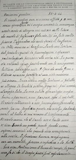L’immagine riproduce la fotocopia della prima facciata dell’ultima lettera di Nicola Podestà ai genitori, scritta dal Lager di Fossoli.