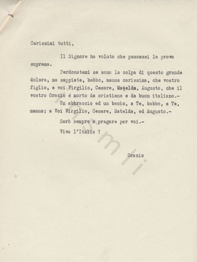 L’immagine riproduce la trascrizione a macchina dell’ultima lettera di Orazio Barbero ai suoi cari.