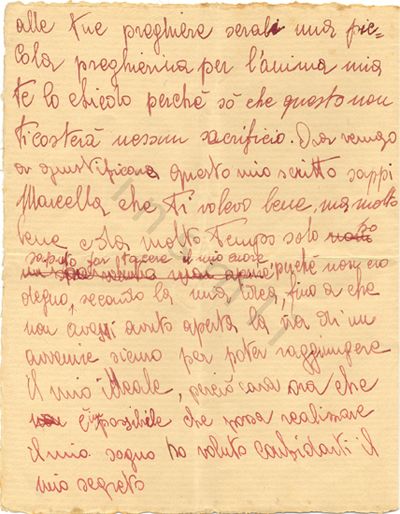 L’immagine riproduce la seconda facciata della lettera scritta nelle carceri di via Tasso da Orlando Orlandi Posti, indirizzata a Marcella Banelli, la ragazza di cui era innamorato.
Il documento è scritto a penna su foglio bianco. 