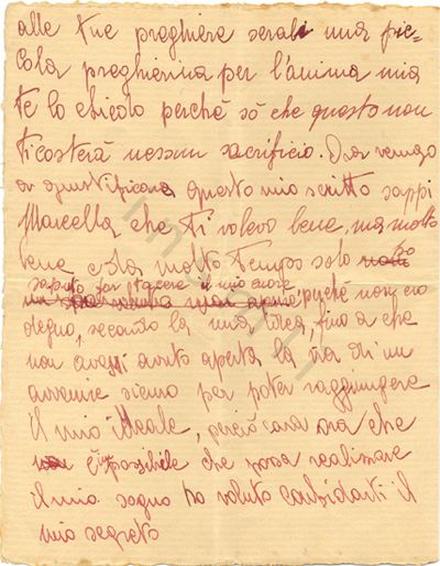 L’immagine riproduce la seconda facciata della lettera scritta nelle carceri di via Tasso da Orlando Orlandi Posti, indirizzata a Marcella Banelli, la ragazza di cui era innamorato.
Il documento è scritto a penna su foglio bianco. 