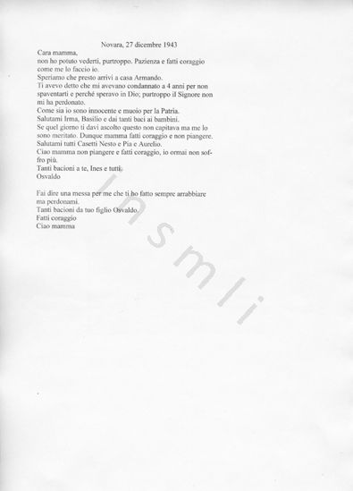 L’immagine riproduce la trascrizione dell’ultima lettera di Osvaldo Giovannone, scritta alla madre il giorno prima della sua esecuzione.