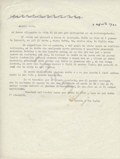 L’immagine riproduce l’ultima lettera scritta da Paolo Braccini alla moglie e alla figlia, il giorno prima della sua esecuzione. La data in alto a destra è scritta in penna nera. Sempre in penna nera, è cancellata la scritta "Lettera di Paolo Braccini alla Moglie e alla Figlia", in alto a sinistra.