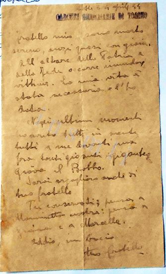 L'immagine riproduce l'ultima lettera scritta da Paolo Braccini al fratello Fabio. Il documento è vergato su un foglietto con il timbro delle 