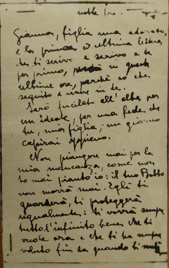 L’immagine riproduce la copia fotostatica della prima facciata della lettera scritta da Paolo Braccini alla figlia, il giorno della sua condanna a morte.