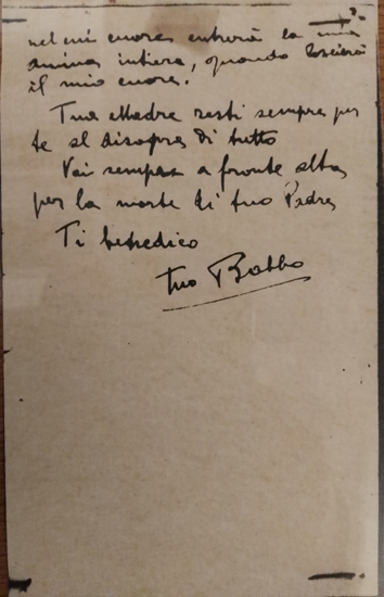 L’immagine riproduce la copia fotostatica della terza facciata della lettera scritta da Paolo Braccini alla figlia, il giorno della sua condanna a morte. 