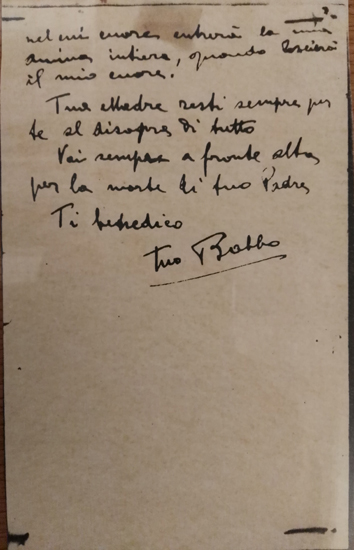 L’immagine riproduce la copia fotostatica della terza facciata della lettera scritta da Paolo Braccini alla figlia, il giorno della sua condanna a morte.