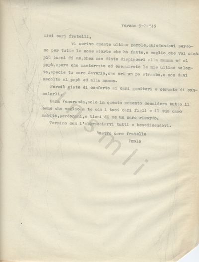 L’immagine riproduce la trascrizione a macchina dell’ultima lettera scritta da Paolo Casanova ai fratelli, il giorno stesso della sua esecuzione.