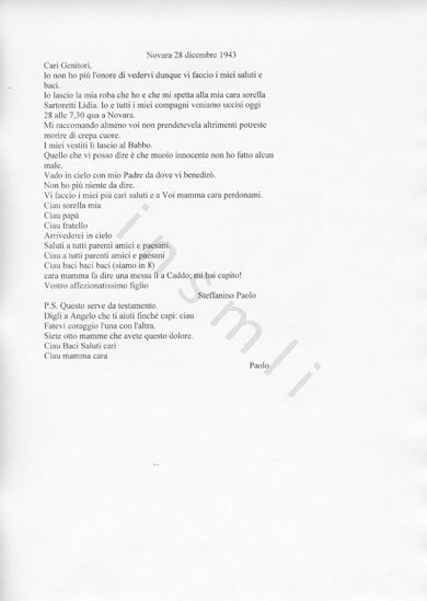L’immagine riproduce la trascrizione dell’ultima lettera di Paolo Steffanino, scritta ai genitori il giorno della sua esecuzione.