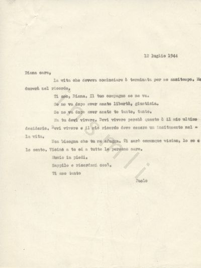L’immagine riproduce la trascrizione a macchina dell’ultima lettera di Paolo Vasario alla fidanzata Diana.