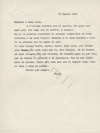 L’immagine riproduce la trascrizione a macchina dell’ultima lettera di Paolo Vasario alla madre e alla sorella Anna.