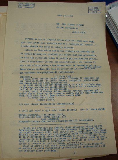 L’immagine riproduce la trascrizione del testamento spirituale di Baccarini, inserita dalla sorella all’interno della lettera diretta a Giovanni Pirelli.