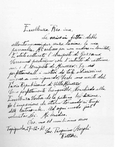 L’immagine riproduce la fotocopia della lettera scritta da Don Pasquino Borghi al Vescovo di Reggio Emilia il giorno 27 dicembre 1943.