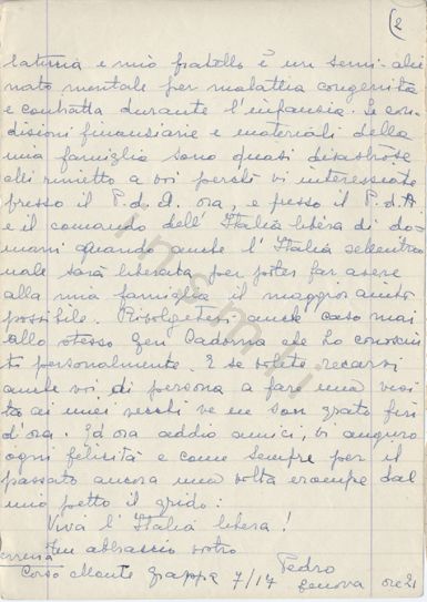 L’immagine riproduce la terza facciata della trascrizione a mano della lettera di Pietro Ferreira agli amici Monti, Pino e Silvio il giorno prima della sua esecuzione. Il documento è scritto a penna blu su due fogli strappati da un quadernetto a righe.