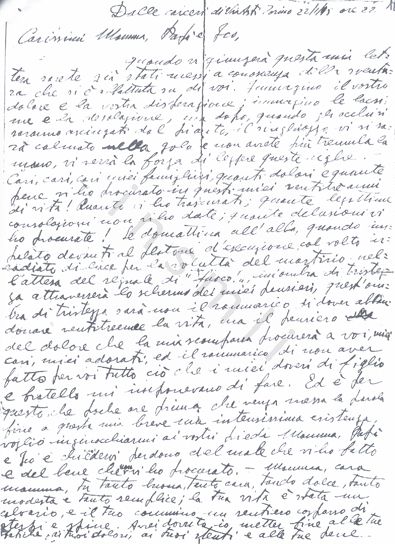 L’immagine riproduce la fotocopia della prima pagina dell’ultima lettera di Pietro Ferreira ai genitori e al fratello Ico, scritta la sera prima di morire.