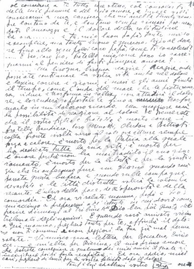 L’immagine riproduce la fotocopia della seconda pagina dell’ultima lettera di Pietro Ferreira ai genitori e al fratello Ico, scritta la sera prima di morire.