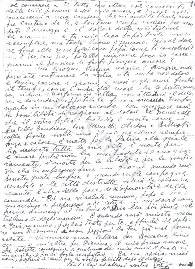 L’immagine riproduce la fotocopia della seconda pagina dell’ultima lettera di Pietro Ferreira ai genitori e al fratello Ico, scritta la sera prima di morire.