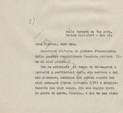 L’immagine riproduce la prima pagina della trascrizione a macchina della lettera scritta da Pedro Ferreira all’amata Pierina, a cavallo della mezzanotte tra il giorno della sua condanna e quello della sua esecuzione.