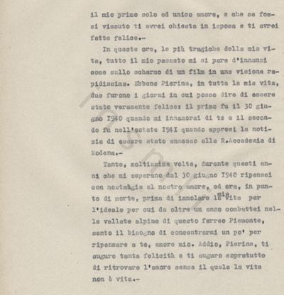 L’immagine riproduce la seconda pagina della trascrizione a macchina della lettera scritta da Pietro Ferreira all’amata Pierina a cavallo della mezzanotte tra il giorno della sua condanna e quello della sua esecuzione.