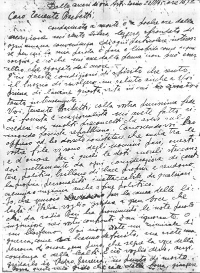 L’immagine riproduce la prima facciata di una delle sei lettere scritte dal Pietro Ferreira tra il 22 e il 23 gennaio 1945, e più precisamente quella indirizzata al tenente Barbetti, fascista e testimone a sua difesa durante il processo. L’originale è conservato presso l’Istituto storico della Resistenza in Liguria, a Genova.