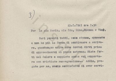 L’immagine riproduce la prima pagina della trascrizione a macchina dell’ultima lettera scritta da Pietro Ferreira ai parenti, durante le prime ore del giorno della sua esecuzione.