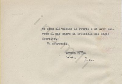 L’immagine riproduce la seconda pagina della trascrizione a macchina dell’ultima lettera scritta da Pietro Ferreira ai parenti, durante le prime ore del giorno della sua esecuzione. La firma è cancellata e riscritta a mano in penna nera.