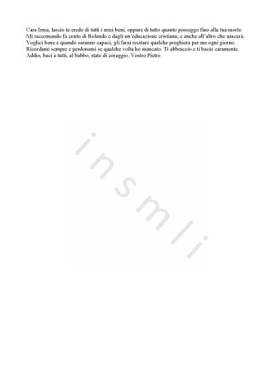 L’immagine riproduce il testo dell’ultima lettera scritta da Pietro Balugani alla moglie Irma.
