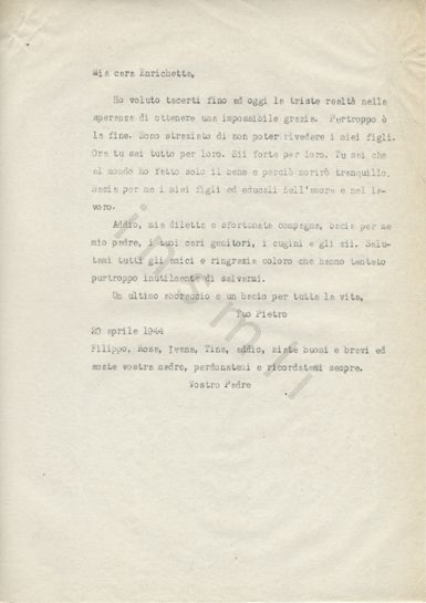 L’immagine riproduce la trascrizione a macchina della lettera di Pietro Benedetti alla famiglia, scritta il 20 aprile 1944 dal carcere.
