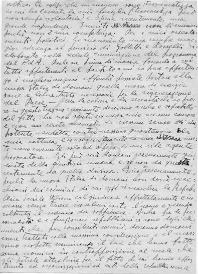 L’immagine riproduce la seconda pagina della lettera di Pietro Ferreira ai compagni e agli amici del Partito d’Azione, scritta il giorno prima della sua esecuzione.