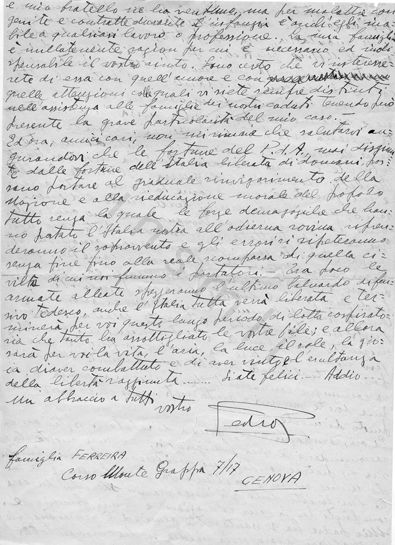 L’immagine riproduce la quarta pagina della lettera di Pietro Ferreira ai compagni e agli amici del Partito d’Azione, scritta il giorno prima della sua esecuzione.