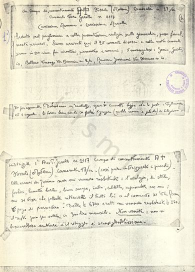 L’immagine riproduce la fotocopia della lettera di Piero Garelli scritta alla madre ed alla moglie poco dopo il suo arrivo a Fossoli.