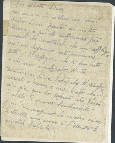 L’immagine riproduce la prima facciata dell’ultima lettera di Pietro Gatti alla moglie Lina, scritta dal Lager di Bolzano. Il documento è vergato a matita.