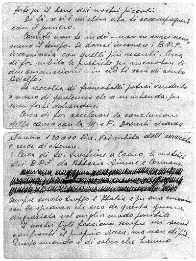 L’immagine riproduce la fotocopia della seconda facciata dell’ultima lettera scritta da Pier Luigi Mazzoletti alla moglie Rina, il giorno stesso della sua esecuzione.
Nel documento sono presenti alcuni punti illeggibili, cancellati dalla censura, come lo stesso autore precisa nel terz’ultimo foglio. L’originale è conservato nelle carte familiari Anna Mazzoletti (Alzate Brianza, Como).