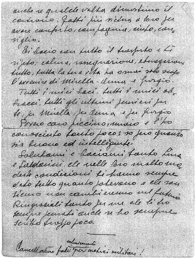 L’immagine riproduce la fotocopia della sesta facciata dell’ultima lettera scritta da Pier Luigi Mazzoletti alla moglie Rina, il giorno stesso della sua esecuzione.
Nel documento sono presenti alcuni punti illeggibili, cancellati dalla censura, come lo stesso autore precisa in questo stesso foglio. L’originale è conservato nelle carte familiari Anna Mazzoletti (Alzate Brianza, Como).