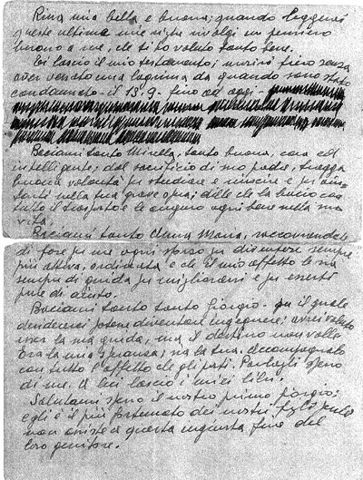 L’immagine riproduce la fotocopia della settima facciata dell’ultima lettera scritta da Pier Luigi Mazzoletti alla moglie Rina, il giorno stesso della sua esecuzione.
Nel documento sono presenti alcuni punti illeggibili, cancellati dalla censura, come lo stesso autore precisa nel terz’ultimo foglio. L’originale è conservato nelle carte familiari Anna Mazzoletti (Alzate Brianza, Como).