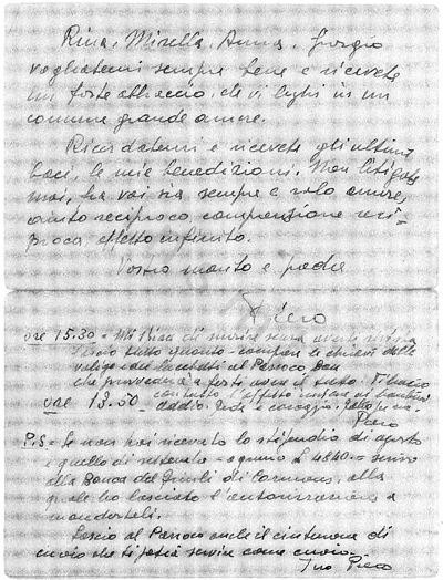 L’immagine riproduce la fotocopia dell’ottava facciata dell’ultima lettera scritta da Pier Luigi Mazzoletti alla moglie Rina, il giorno stesso della sua esecuzione.
Nel documento sono presenti alcuni punti illeggibili, cancellati dalla censura, come lo stesso autore precisa nel terz’ultimo foglio. L’originale è conservato nelle carte familiari Anna Mazzoletti (Alzate Brianza, Como).