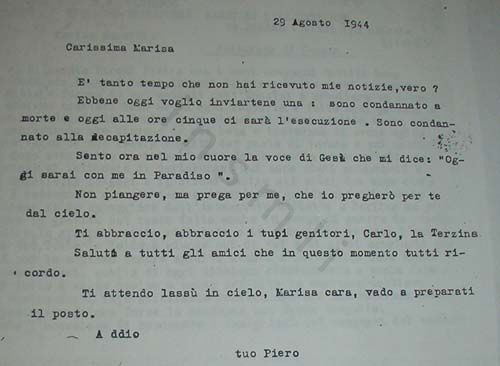 L’immagine riproduce la trascrizione a macchina della lettera scritta da Pietro Pironi alla fidanzata.