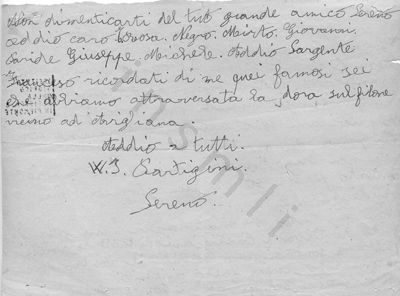 L’immagine riproduce la seconda facciata dell’ultima lettera di Pompeo Bergamaschi, scritta ai compagni di lotta il giorno della sua condanna a morte. Nel lato destro del documento si nota, al contrario, il timbro "Istituto storico della Resistenza in Piemonte".