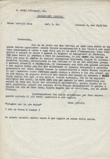 L’immagine riproduce la trascrizione a macchina dell’ultima lettera di Remo Sottili al Reverendo Don Matteo. Nella parte alta del documento v’è annotato: "Z- 2051/ RID-gepi. MB./GEFAGNISSE MUNCHEN/Name: Sottili Remo Gef. B. Nr."