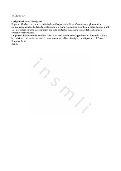 L’immagine riproduce il testo dell’ultima lettera scritta da Renato Bindi ai famigliari.