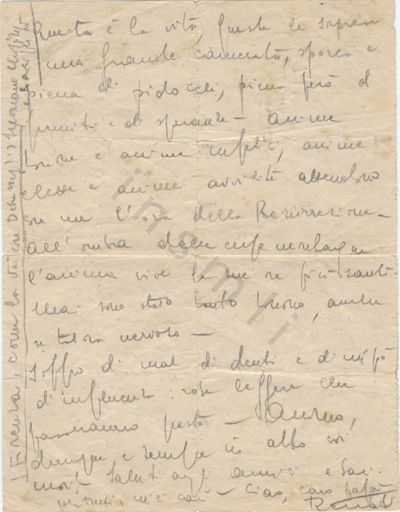L’immagine riproduce la seconda facciata della lettera di Renato Dalla Palma scritta al padre dal lager di Bolzano pochi giorni prima della deportazione a Mauthausen.
Il documento è scritto a matita.