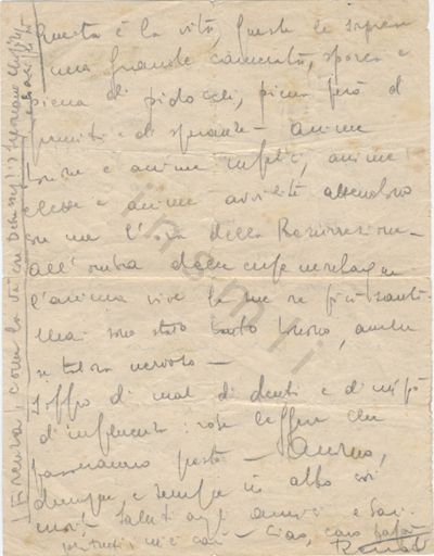L’immagine riproduce la seconda facciata della lettera di Renato Dalla Palma scritta al padre dal lager di Bolzano pochi giorni prima della deportazione a Mauthausen.
Il documento è scritto a matita.