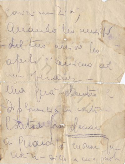 L’immagine riproduce la prima facciata della lettera di Renato Dalla Palma alla zia, scritta durante la prigionia nel Lager di Bolzano. L’originale è stato vergato con una matita blu su due delle quattro facciate di un foglio A4 piegato a metà.